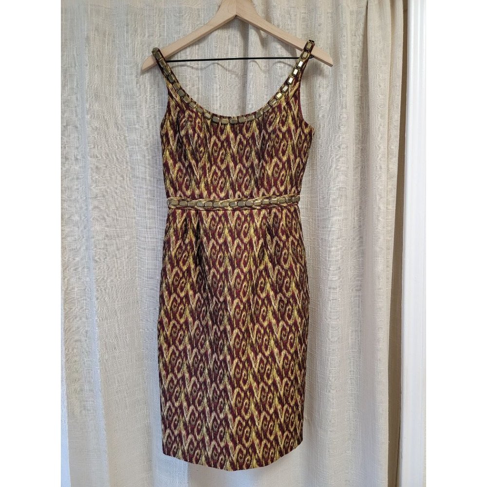 Carmen Marc Valvo Yellow and Brown Patterned Dress